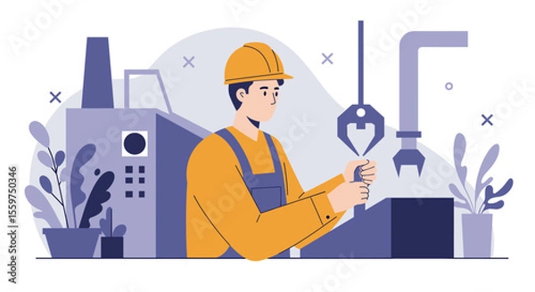 Fototapeta A male factory worker in a yellow hard hat and overalls operates a robotic arm in a modern industrial facility, showcasing automation and precision manufacturing.