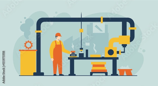 Fototapeta A male factory worker in an orange jumpsuit operates a robotic arm and machinery in a modern industrial workspace, overseeing a precise manufacturing process.
