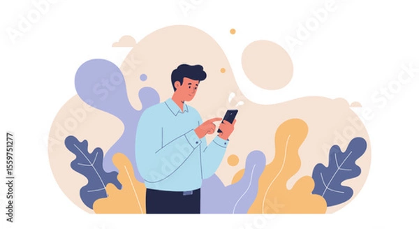 Fototapeta a man standing amidst stylized plants and clouds, engrossed in his smartphone. Suitable for landing page, banner, marketing, web design, presentation, infographic, etc.