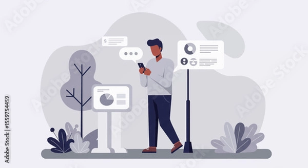Fototapeta a man standing outdoors, engrossed in his smartphone, surrounded by a backdrop of plants and a tree. Suitable for landing page, banner, marketing, web design, presentation, infographic, etc.