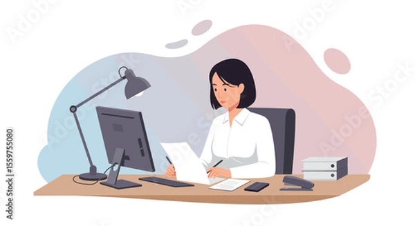 Fototapeta a woman seated at a desk, engrossed in work with a computer, papers, and office supplies. Suitable for landing page, banner, marketing, web design, presentation, infographic, etc.