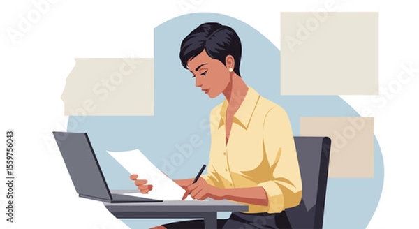 Fototapeta a woman seated at a desk, focused on writing on a piece of paper using a laptop, with a neutral background. Suitable for landing page, banner, marketing, web design, presentation, infographic, etc.