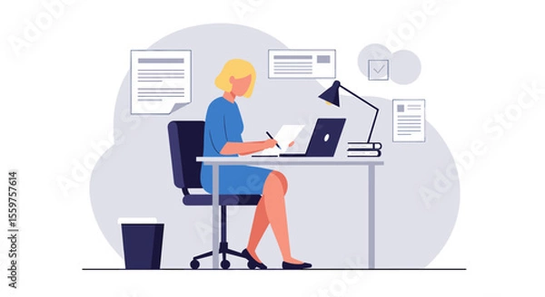 Fototapeta A stylish businesswoman is working on her laptop and taking notes at her desk in a modern office, surrounded by documents and a lamp, creating a productive and professional atmosphere.