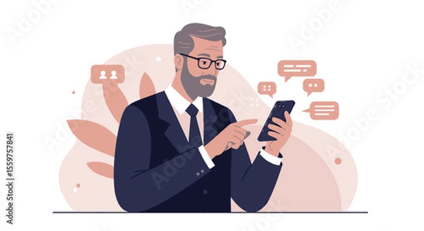 Fototapeta a man in a suit and glasses using a smartphone, surrounded by chat bubbles, with a light background. Suitable for landing page, banner, marketing, web design, presentation, infographic, etc.