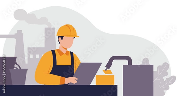 Fototapeta a construction worker wearing a hard hat and apron, working on a laptop with a steam pipe in the background. Suitable for landing page, banner, marketing, web design, presentation, infographic, etc.