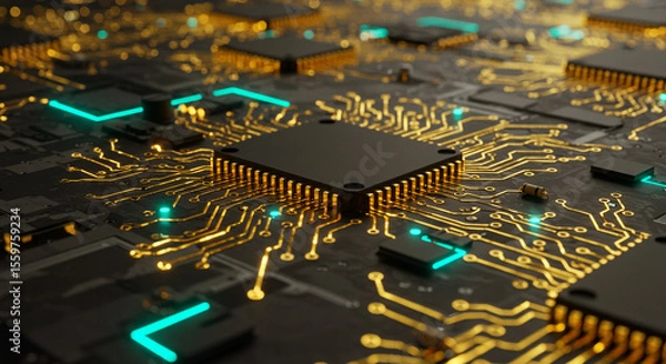 Fototapeta Close up view of a dark circuit board with golden pathways and bright blue accents glowing softly