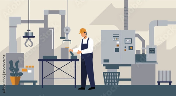 Fototapeta A male factory worker in coveralls and helmet uses a tablet to monitor automated machinery in a modern industrial facility, showcasing smart factory technology and automation in manufacturing.
