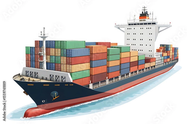 Fototapeta A large container ship loaded with multicolored cargo containers, ready for maritime transport, isolated  PNG file