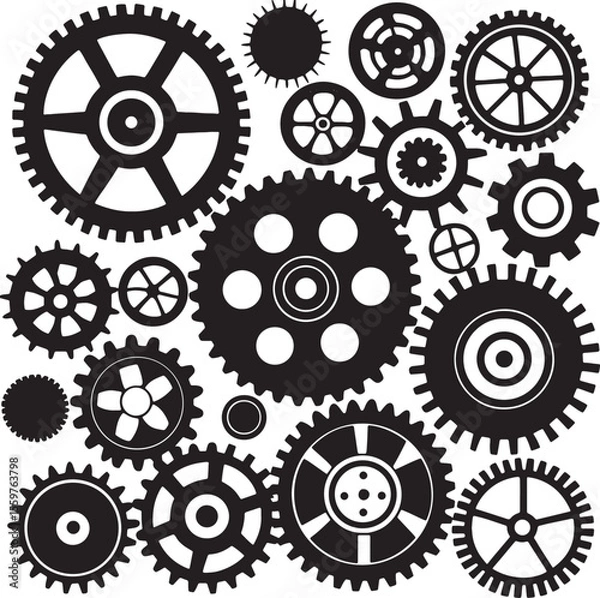 Fototapeta Collection of black silhouette gears with varying tooth counts