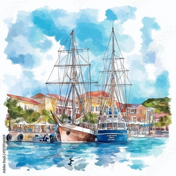 Obraz Nelson’s Dockyard. Nelson’s Dockyard hand drawn watercolor illustration