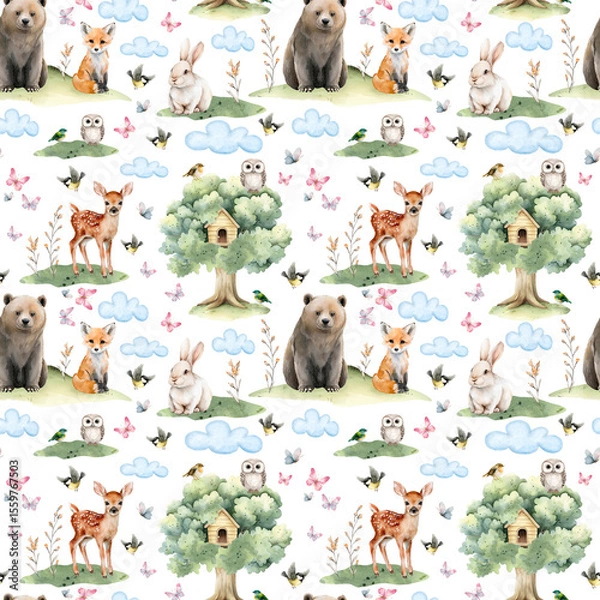 Fototapeta Watercolor seamless pattern with forest animals and tree house