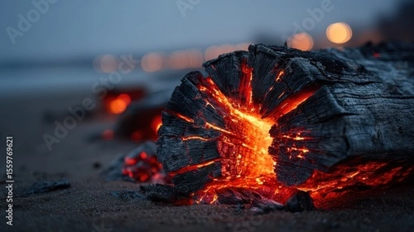 Fototapeta Glowing embers emerge from a burnt log on a sandy beach at dusk