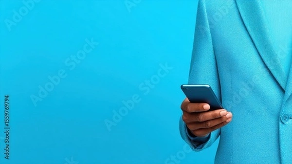 Fototapeta Professional man in blue suit using smartphone modern office space business concept