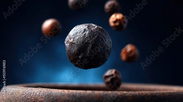 Fototapeta Slow-motion peppercorns rising above a rustic bowl culinary scene dramatic lighting
