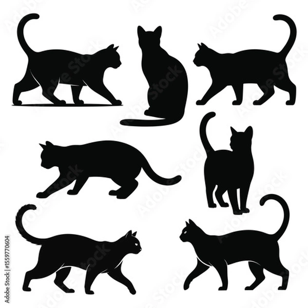 Fototapeta Collection of Elegant Black Cat Silhouettes in Various Poses on White Background
