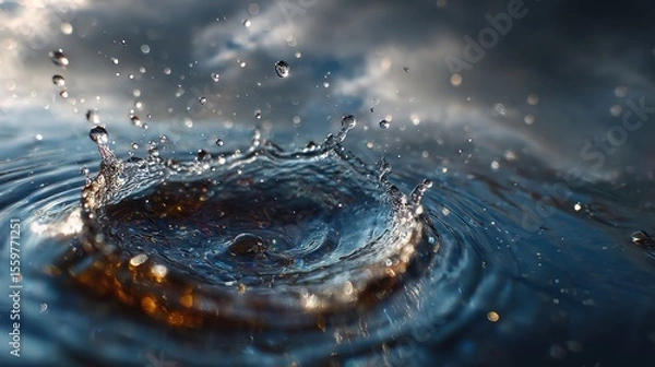 Fototapeta Unique perspective on raindrops splashing dramatically on water surface in nature