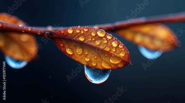 Fototapeta Water droplets on autumn leaves nature close-up tranquil environment macro view