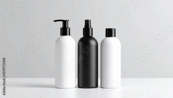 Fototapeta Three cosmetic bottles stand in a row against a neutral background studio shot