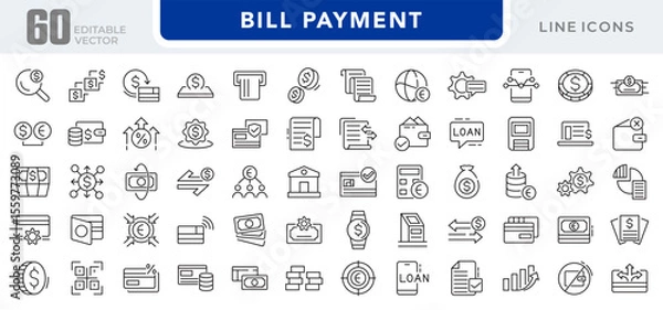 Fototapeta Bill Payment line icon set. Pay, money, finance, payment, investment, financial, card, phone, cash, wallet, banking, transaction line icon set. Ui thin line icon pack.