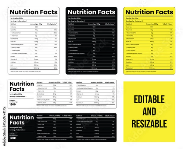 Fototapeta Editable and Resizable Nutrition Facts Label Templates Design. Food nutrition facts. Nutrition facts label and nutritional value of Animals. Supplement facts and vitamin facts.