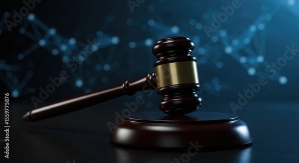 Fototapeta A gavel rests on a sound block against a dark blue abstract background