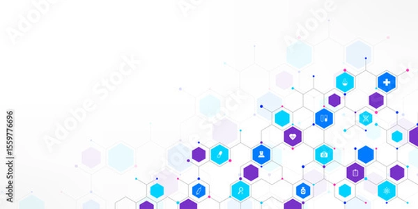 Fototapeta Medical background and healthcare technology with flat icons and symbols. Concept and idea for health care business, innovation medicine, health safety, science, medical research, and development.