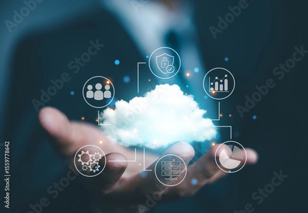Fototapeta Cloud storage server. concept of Backup in computer data systems and cloud digital technology. multi data security, and a platform on the internet. transfer and recovery online