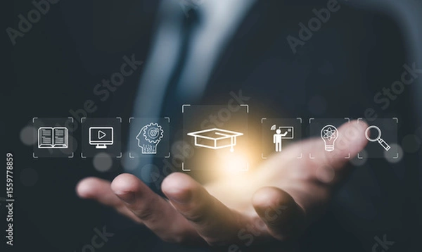 Fototapeta learn icon, online training on a laptop. Concept of a platform for digital education, teaching a course. Curriculum learning online, business technology. a study from the webinar, Innovation E-learnin