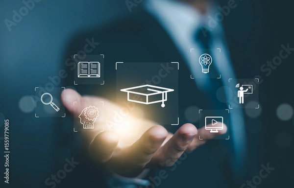 Fototapeta learn icon, online training on a laptop. Concept of a platform for digital education, teaching a course. Curriculum learning online, business technology. a study from the webinar, Innovation E-learnin