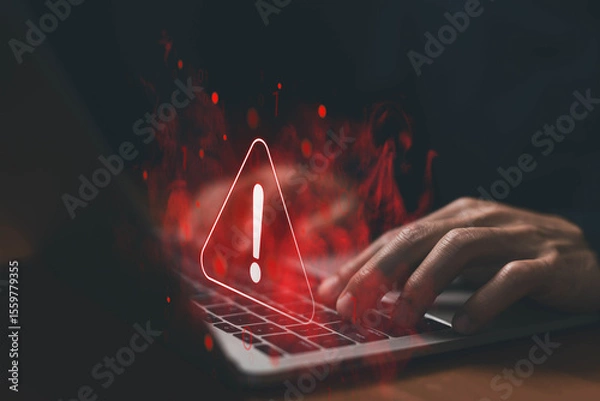 Fototapeta alert cyber attack, symbol threat on the network. concept of a security warn system for hacker attacks, warning sign error 404 on the website. crime and vulnerability on the internet