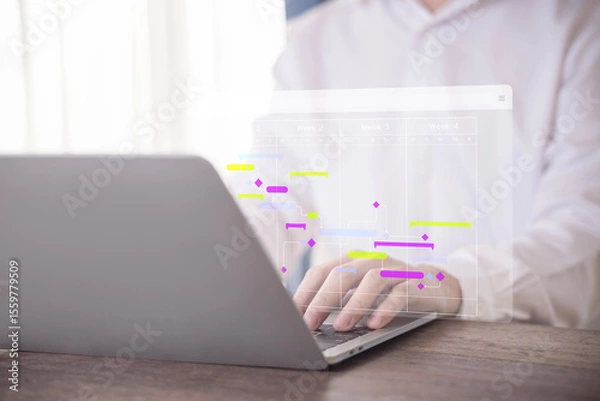 Fototapeta Milestones management shows a Gantt timeline chart. Concept of managing business project plans in software, organizing schedules in digital calendars. progress planner, work update, diagram design