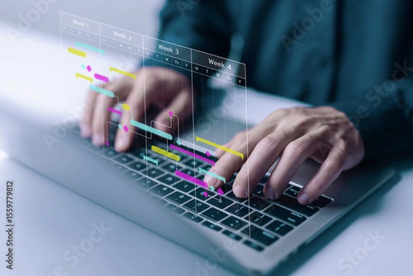 Fototapeta Milestones management shows a Gantt timeline chart. Concept of managing business project plans in software, organizing schedules in digital calendars. progress planner, work update, diagram design