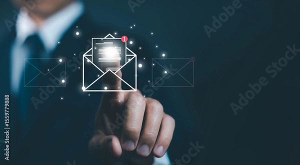 Fototapeta newsletter notification and open mail from the laptop. concept of correspondence, and news for campaign marketing. icon email, business communication, send information in a digital