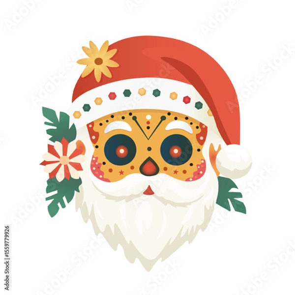 Fototapeta Colorful sugar skull style Santa Claus face with floral folk patterns festive vector. Festive Dia de los Muertos Santa Head
