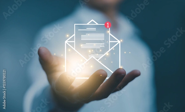Fototapeta newsletter notification and open mail from the laptop. concept of correspondence, and news for campaign marketing. icon email, business communication, send information in a digital