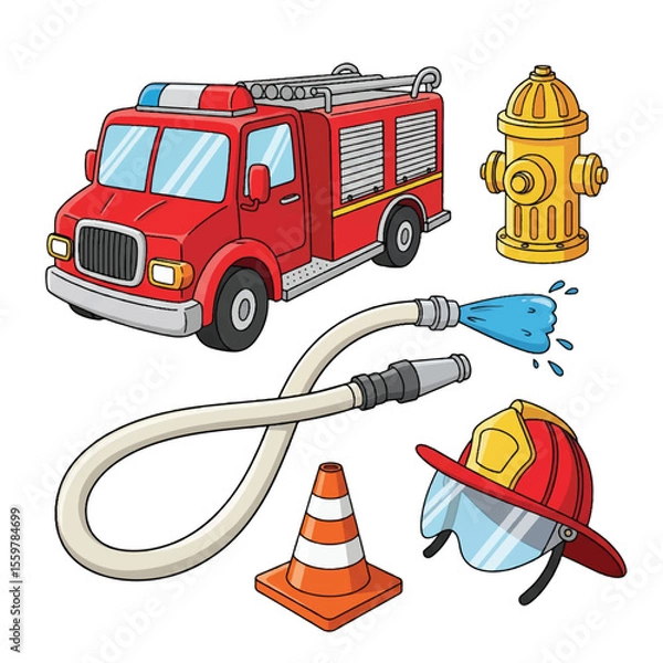 Obraz Red fire emergency rescue truck and fire extinguisher vector illustration