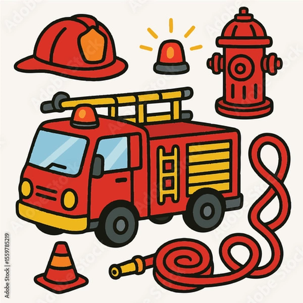 Obraz  Cartoon fire truck set with helmet, hydrant, hose, cone. Playful, vector illustrations 