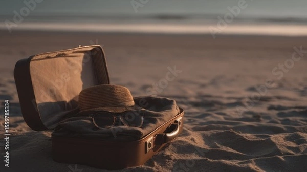 Fototapeta Open brown suitcase on sandy beach with straw hat, round-framed sunglasses, folded clothes, striped lining, blurred sea, horizon, warm soft light, gentle shadows, serene late afternoon.