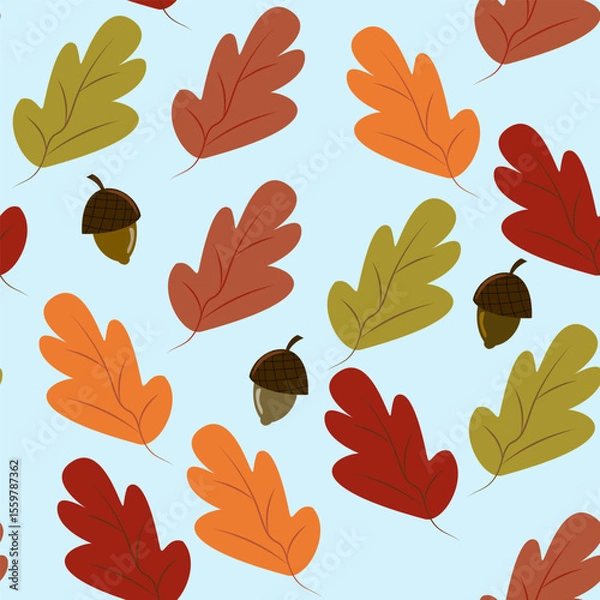 Fototapeta Seamless pattern of scattered autumn oak leaves and wavy rows of acorns on a light blue background. Ideal for nature-themed fall decorations., digital prints, and autumnal wrapping paper.