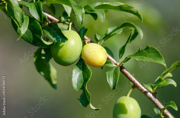 Obraz A tree branch with three green fruits hanging from it