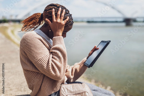Fototapeta Young anxious black woman is using digital tablet. She is sitting by the river in the city.