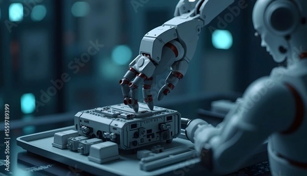 Obraz Robotic Arm and Human-like Robot Working on Circuit Board in High-tech Laboratory