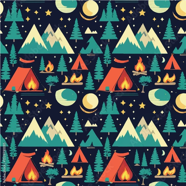 Obraz A spooky Halloween seamless pattern transitions to a festive Christmas winter wonderland illustration featuring a snowy forest, decorated Xmas trees, and twinkling stars, perfect for holiday celebrati