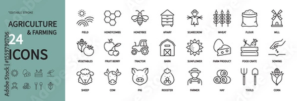 Fototapeta Agriculture & farming icon set. Field, honeycombs, honeybee, apiary, scarecrow, wheat, flour, mill, tractor, barn, sowing, sheep, cow, pig, rooster, farmer, etc. Editable stroke, vector illustration.