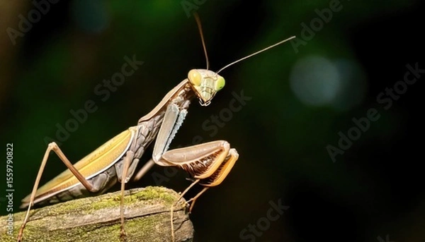 Fototapeta A close-up view of a praying mantis perched on a mossy branch in a dense tropical forest during daytime