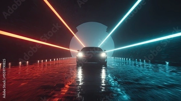 Fototapeta Car driving fast in tunnel with colorful neon lights