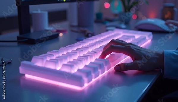 Obraz Person Hand Typing on Illuminated Pink and White Mechanical Keyboard in Dark Office