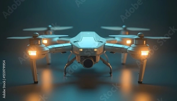 Obraz Modern White Drone with Bright Lights Hovering in Dim Environment