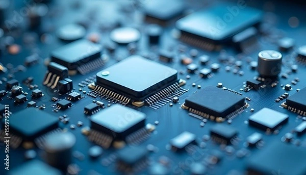 Obraz Close-up of Blue Computer Circuit Board with Microchips and Electronic Components