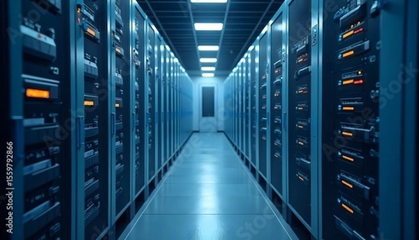 Obraz Data Center Server Room with Rows of Black Racks and Blue Lighting